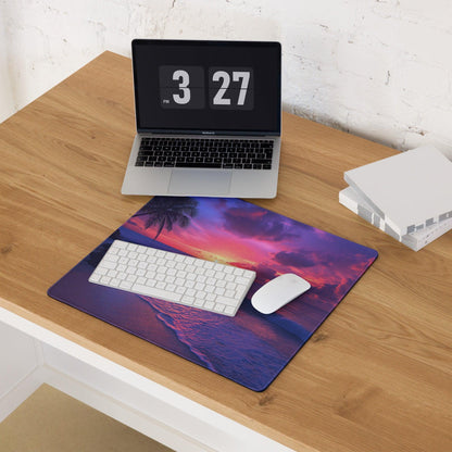 Vibrant tropical sunset ocean gaming mouse pad with palm tree silhouette