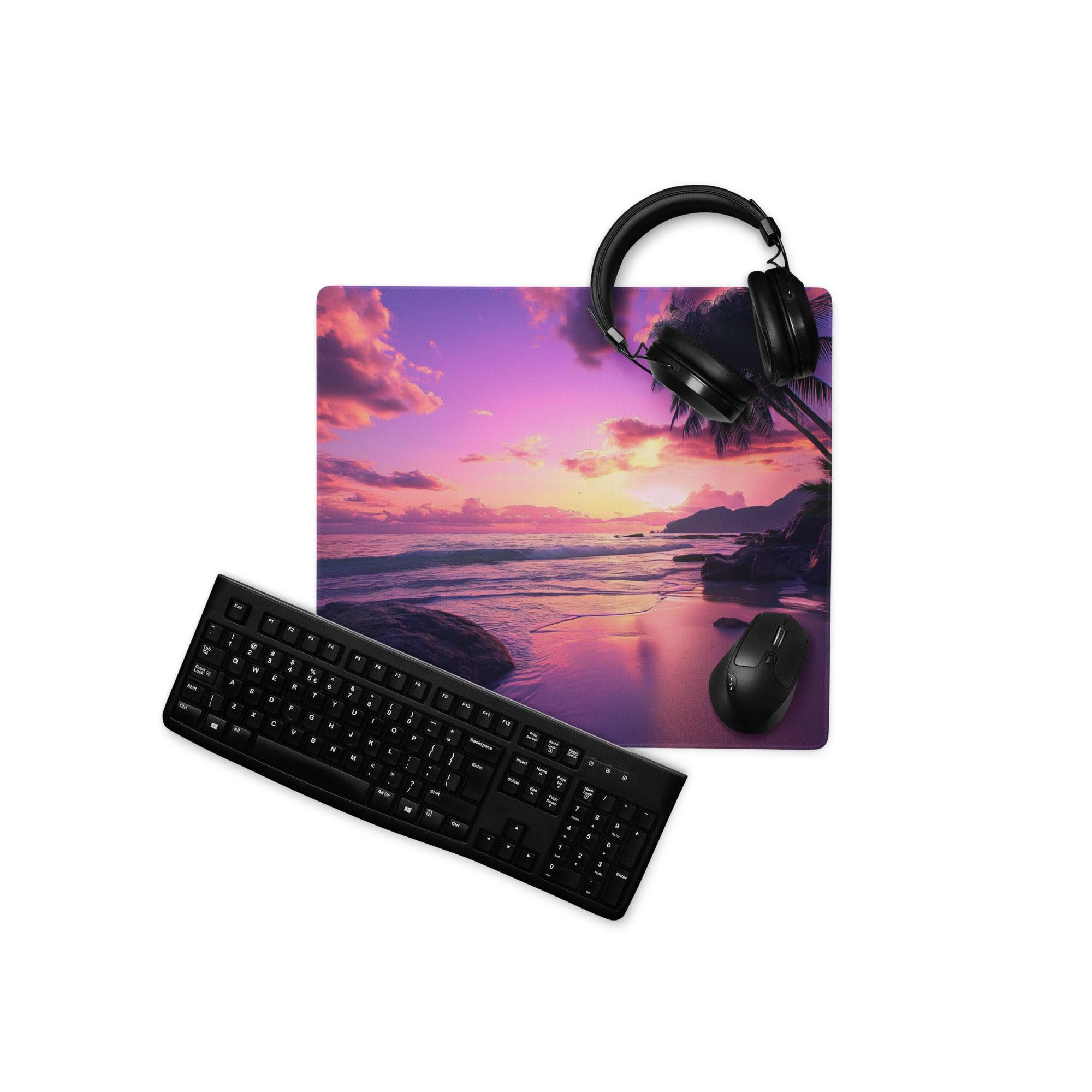 Vibrant sunset beach gaming mouse pad with purple skies, palms, non-slip base