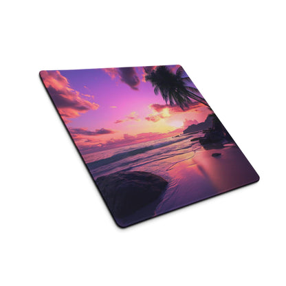 Vibrant sunset beach gaming mouse pad with palm trees, ocean, non-slip base