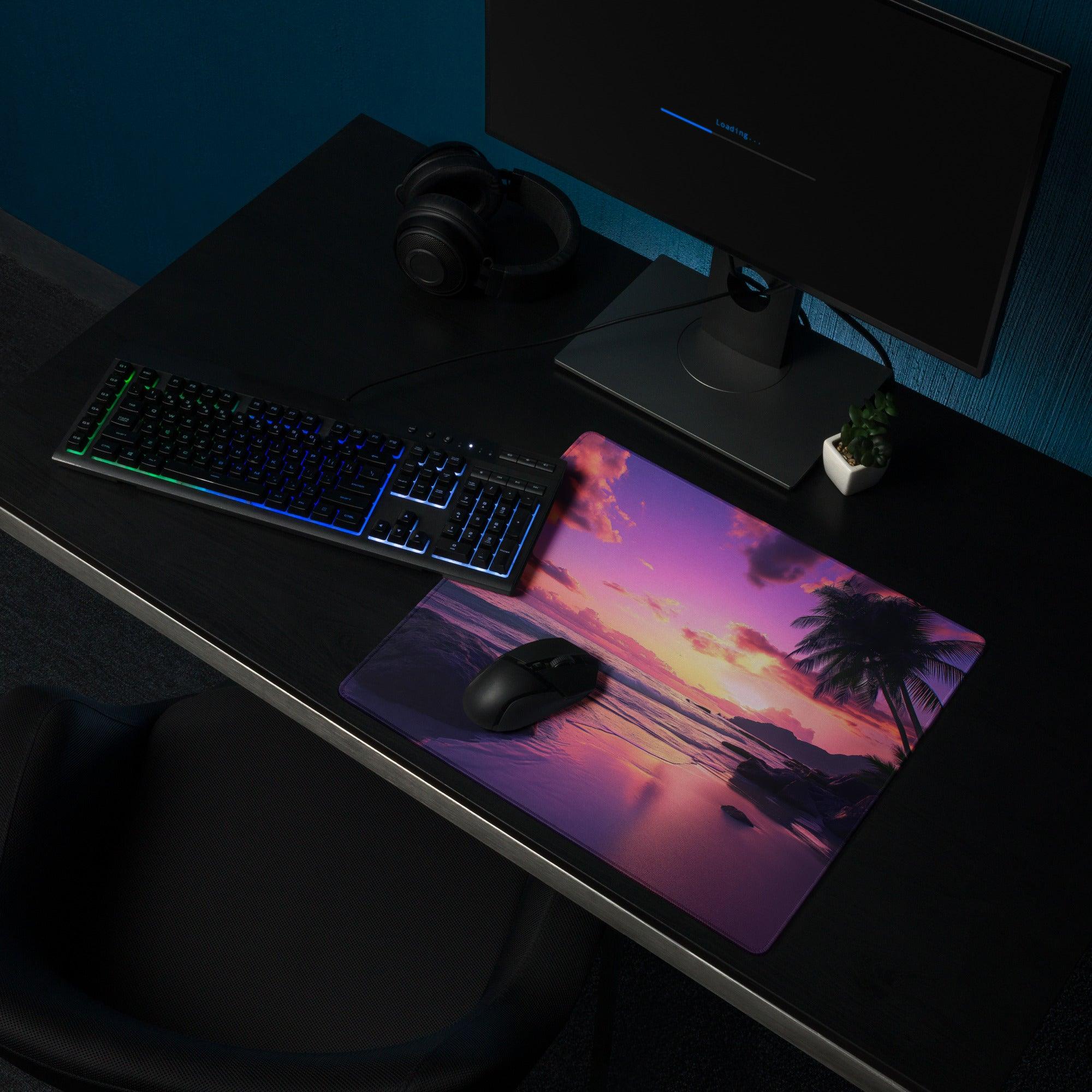Vibrant sunset beach gaming mouse pad with non-slip base and stitched edges