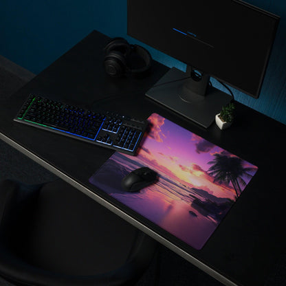 Vibrant sunset beach gaming mouse pad with non-slip base and stitched edges