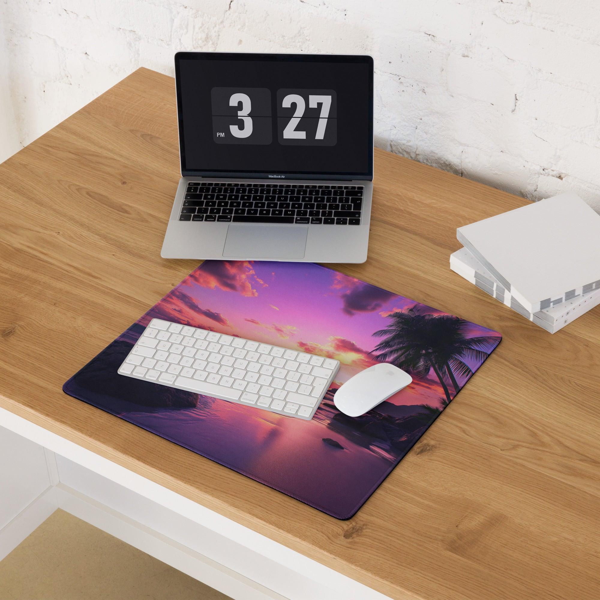 Vibrant sunset beach gaming mouse pad with purple pink hues, palm trees, non-slip base