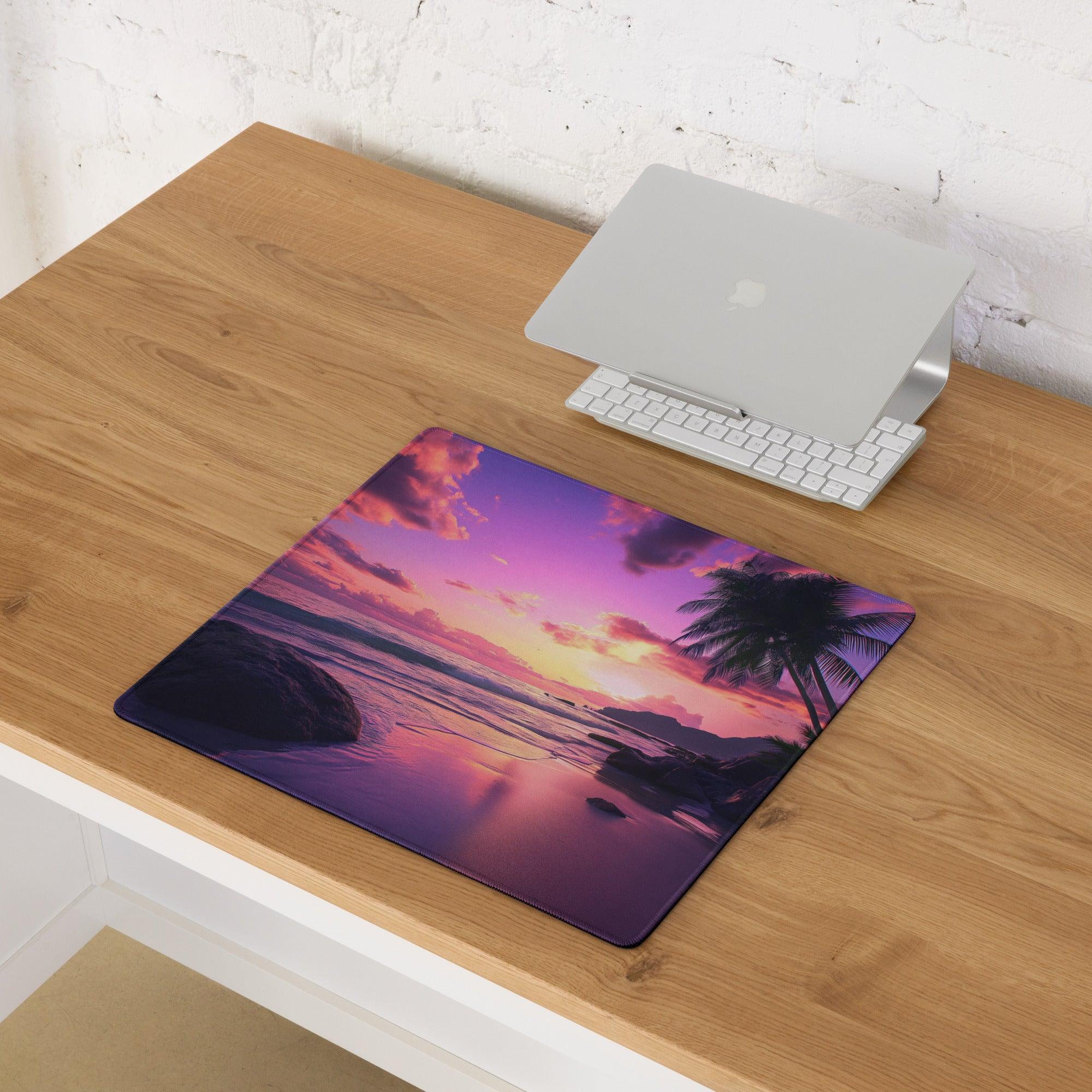 Purple pink sunset beach mousepad with palm trees non-slip base