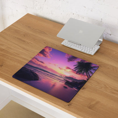 Purple pink sunset beach mousepad with palm trees non-slip base