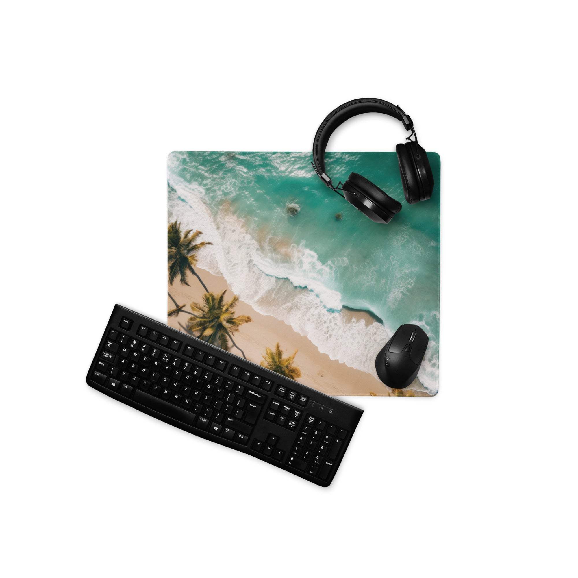 Tranquil oceanic beach aerial view gaming mouse pad with waves, sand, palms