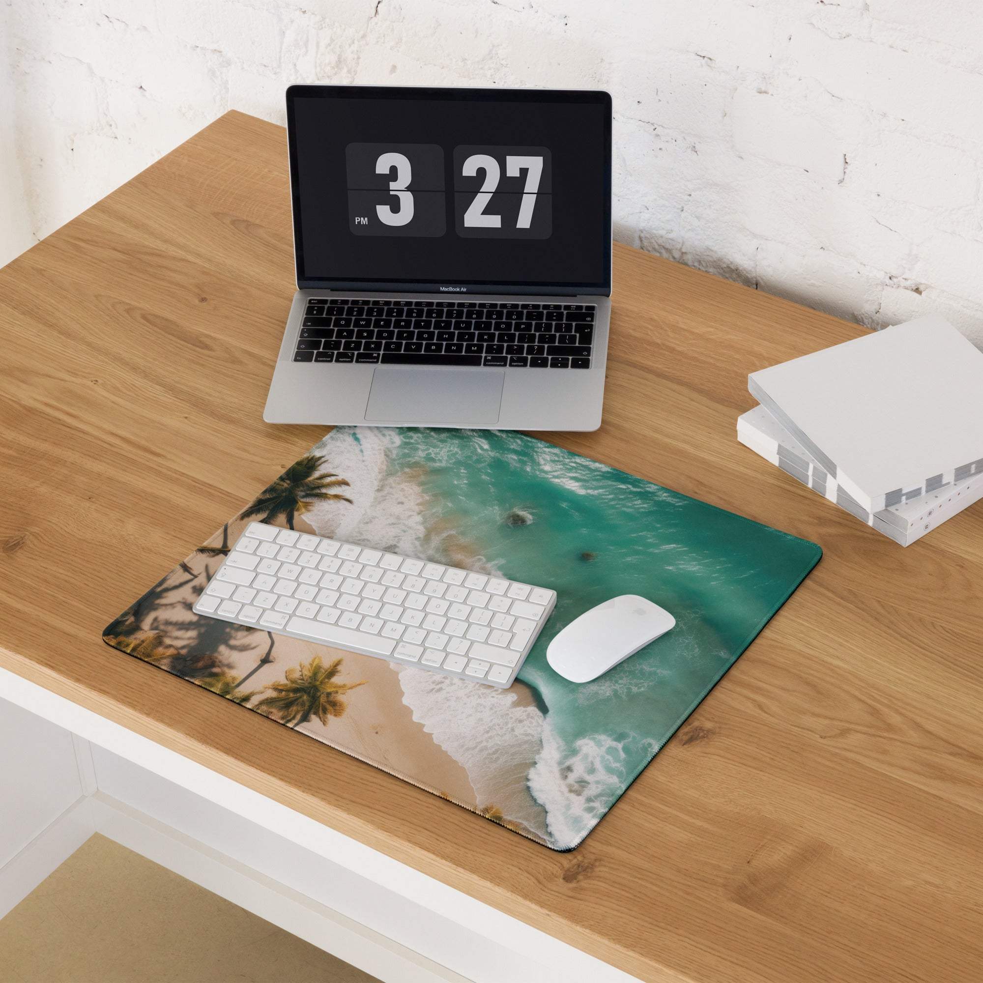 Tranquil oceanic beach aerial view gaming mouse pad with waves, sand, palms