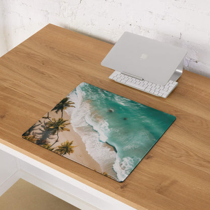 Tranquil oceanic beach aerial view gaming mouse pad with turquoise ocean and palm trees