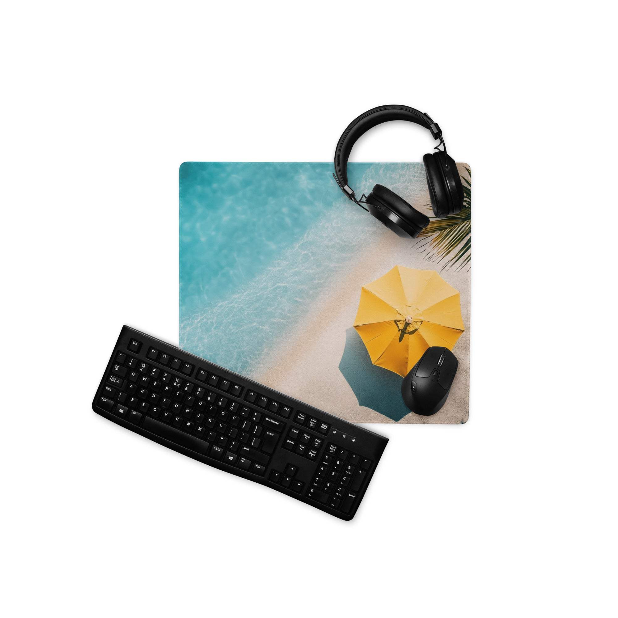 Oceanic Beach large gaming mouse pad with turquoise pool, sandy shore, yellow umbrella, non-slip backing, edge stitching