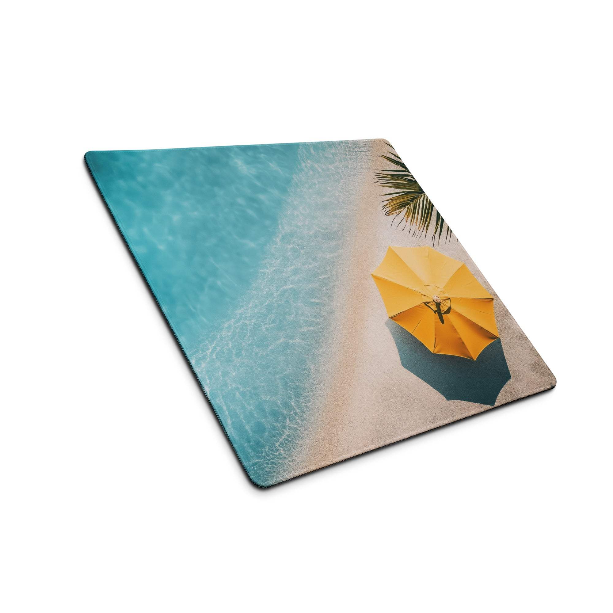 Oceanic beach style large gaming mouse pad with beige turquoise scene yellow umbrella palm fronds non-slip backing