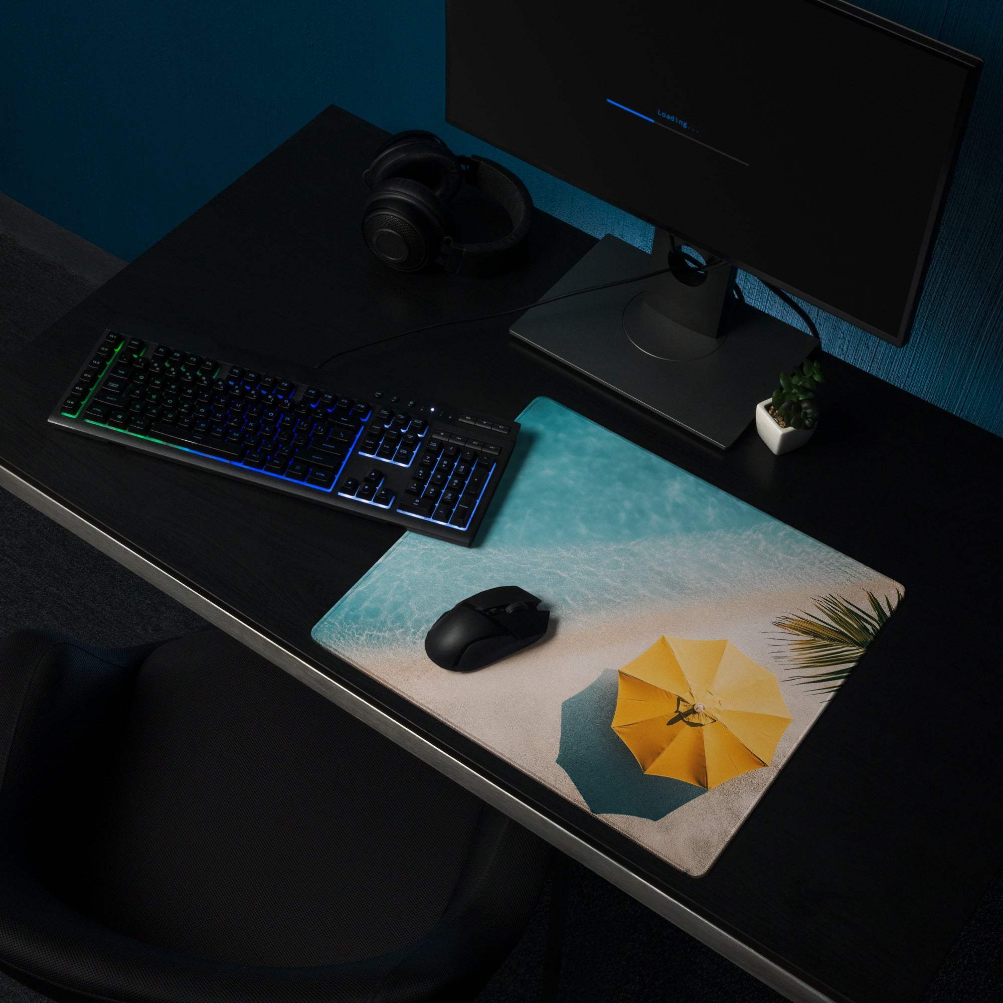 Oceanic Beach large gaming mouse pad with turquoise water, sand, umbrellas