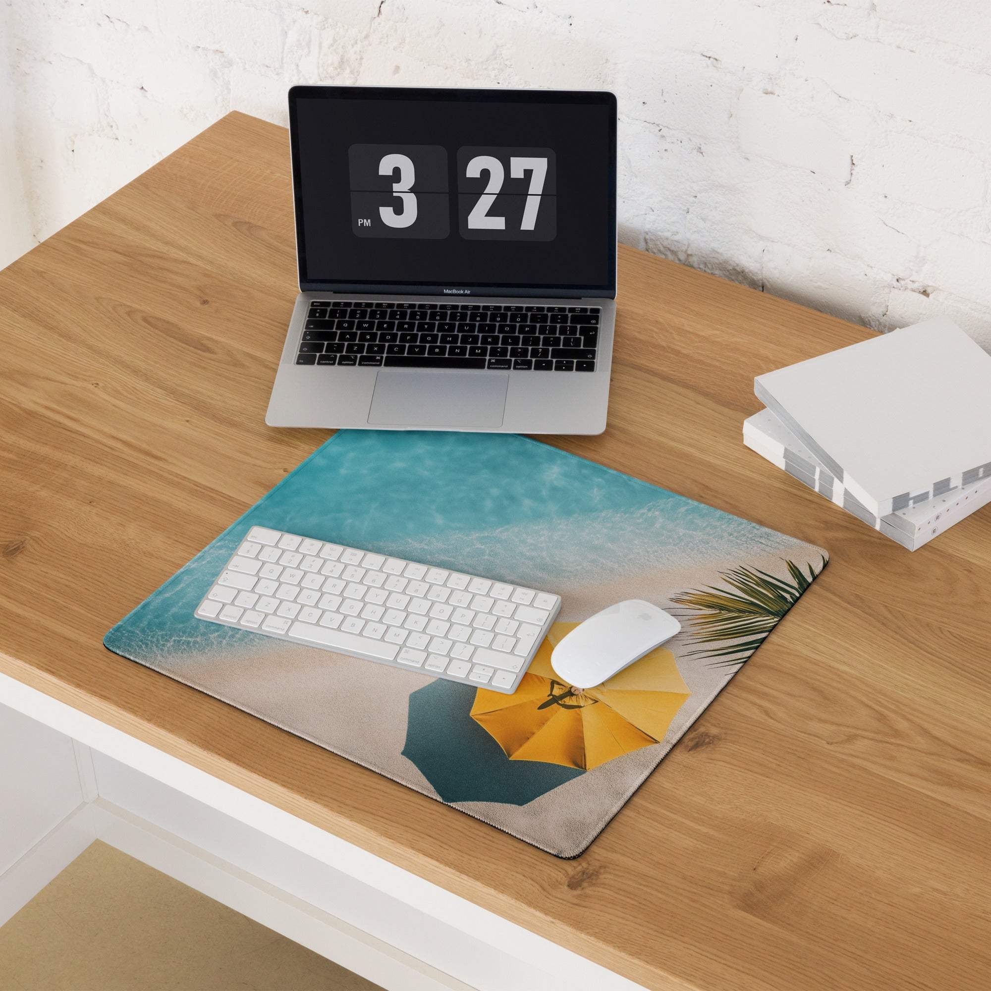 Beige teal Oceanic Beach gaming mouse pad with umbrella waves non-slip backing