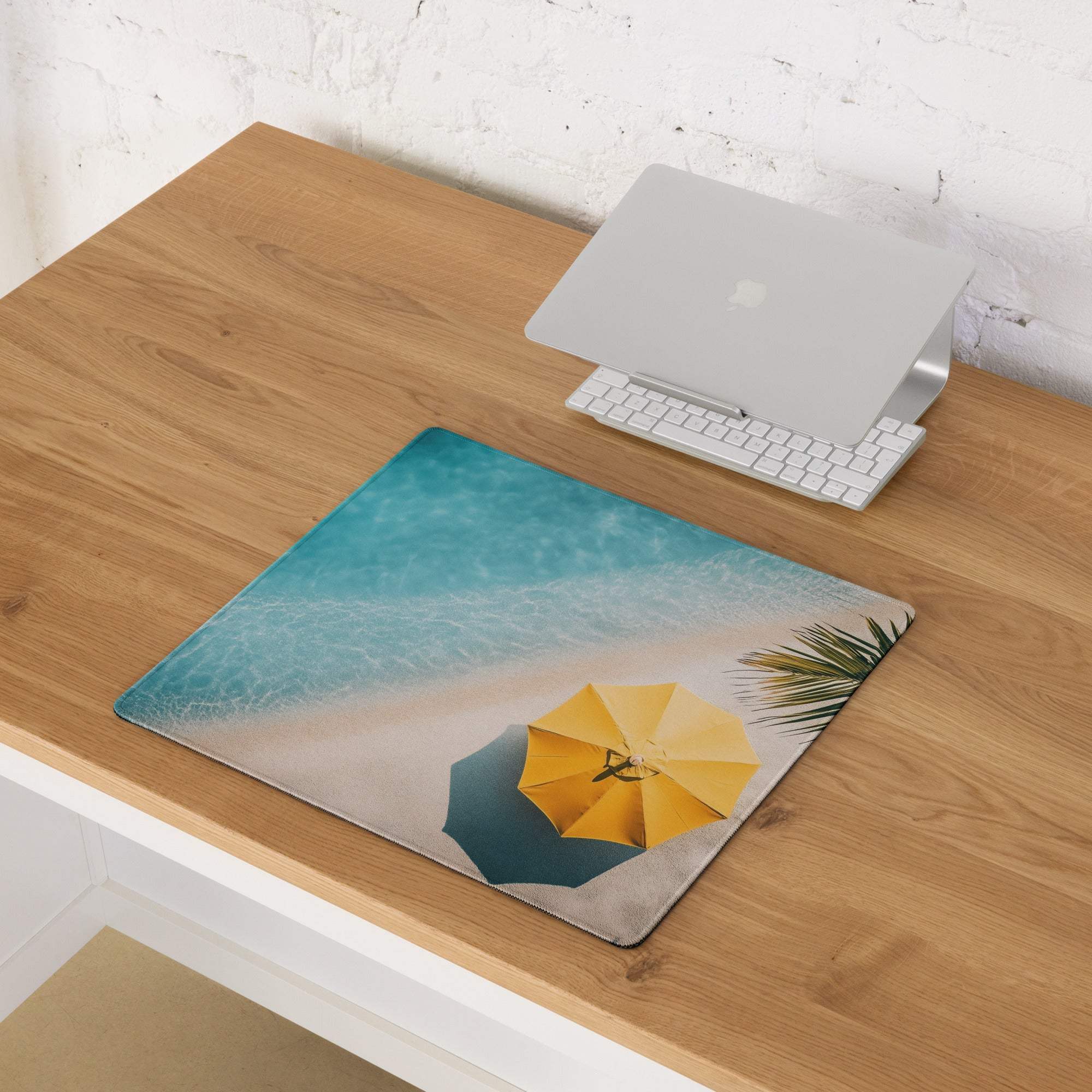 Beige teal Oceanic Beach large gaming mousepad with umbrella waves non-slip backing