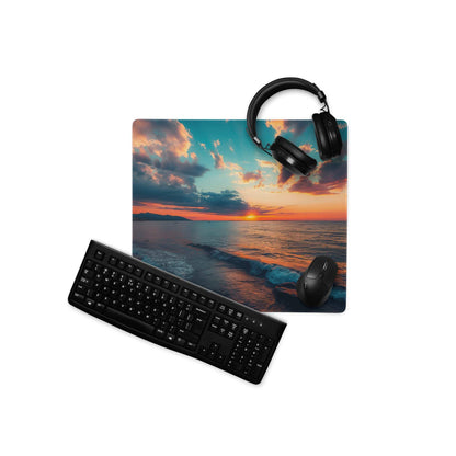 Calm Ocean Sunset gaming mouse pad with vibrant orange teal hues, non-slip backing