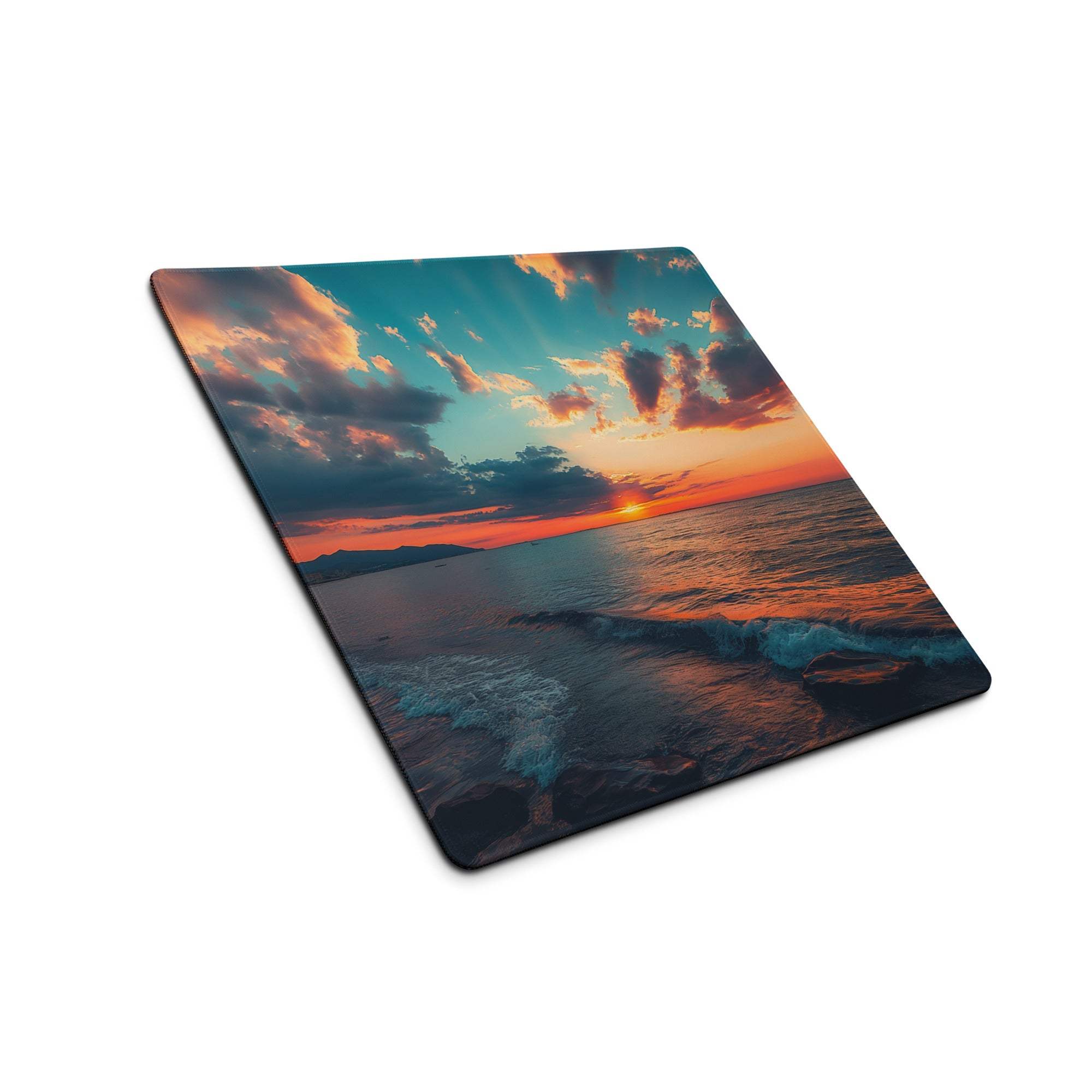 Calm ocean sunset gaming mouse pad with vivid waves on rocks