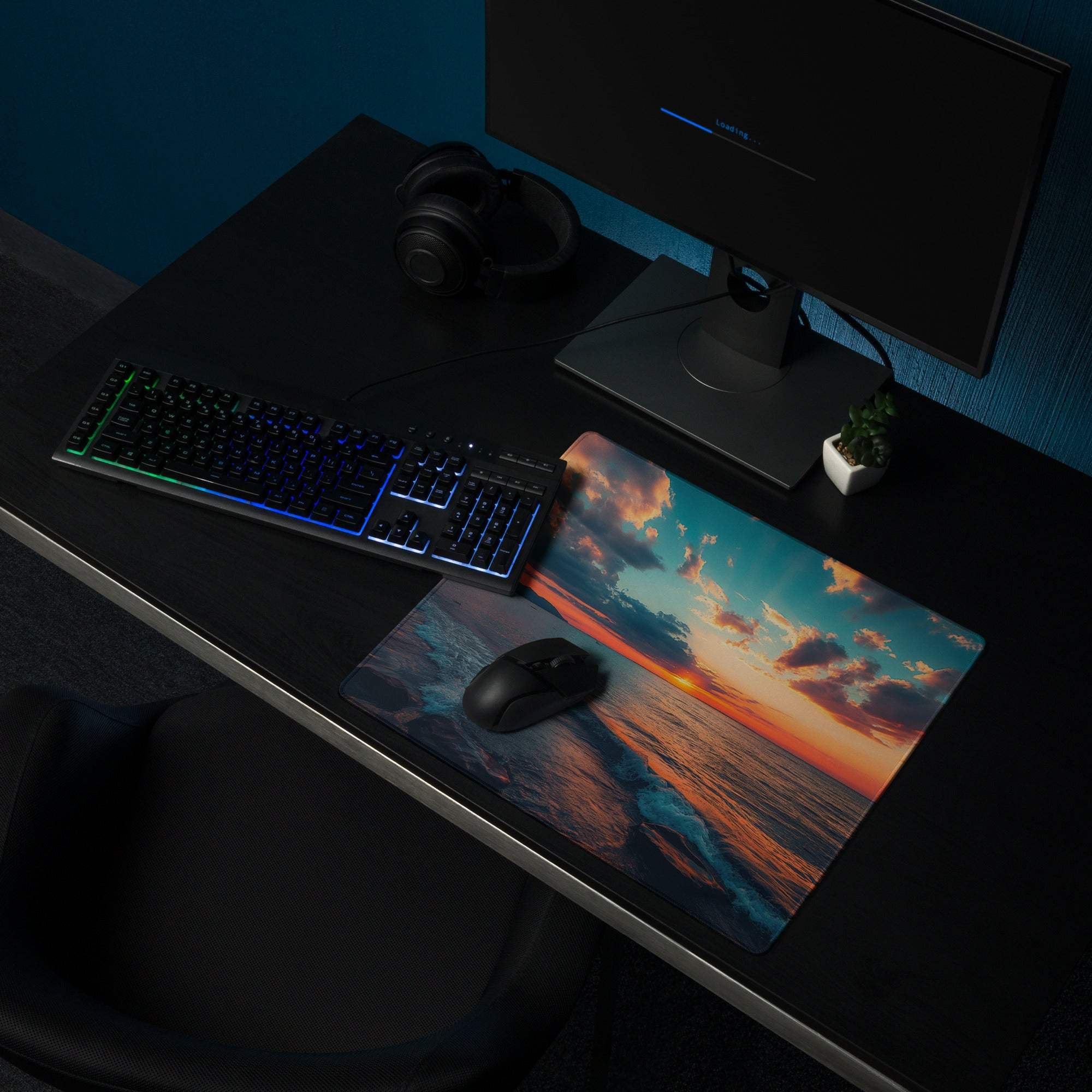 Calm ocean sunset gaming mouse pad with vibrant waves, non-slip backing