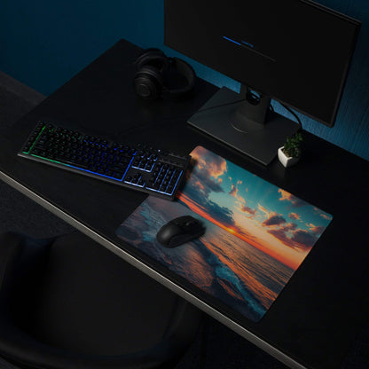 Calm ocean sunset gaming mouse pad with vibrant waves, non-slip backing