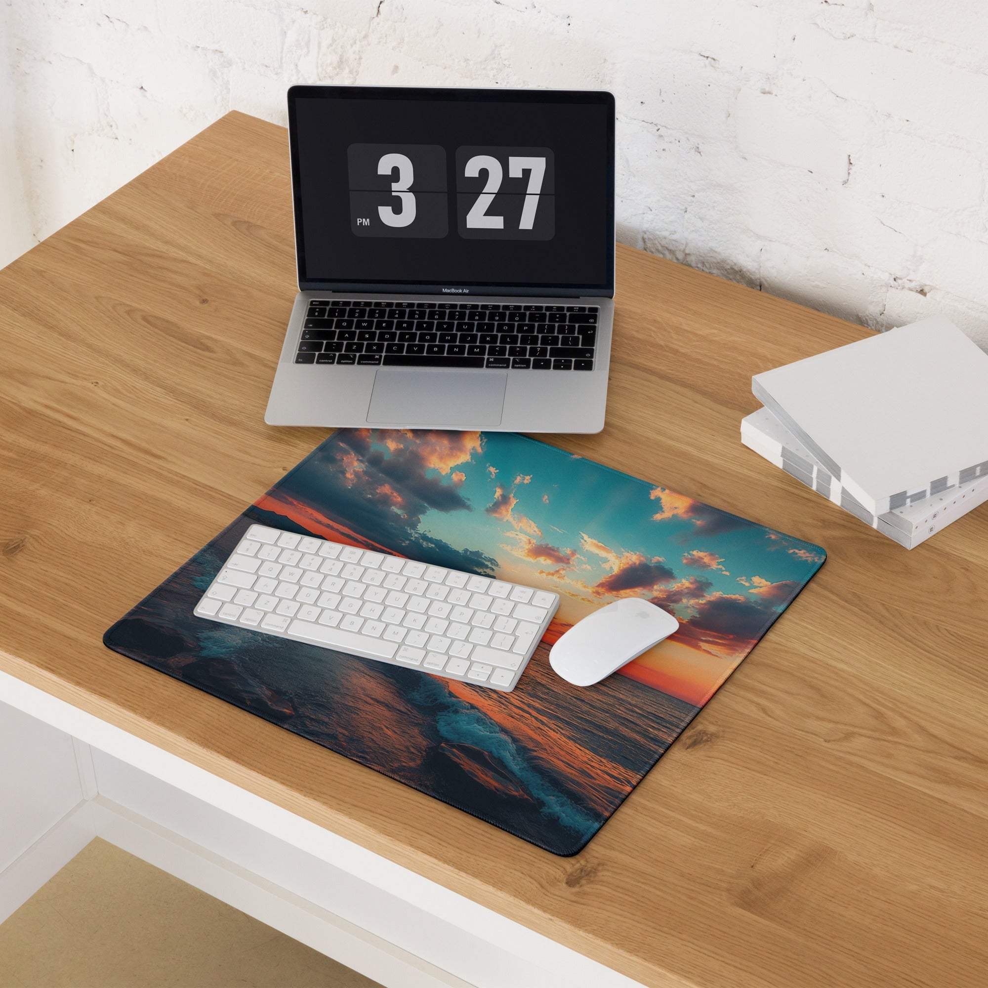Calm ocean sunset gaming mouse pad with large non-slip surface