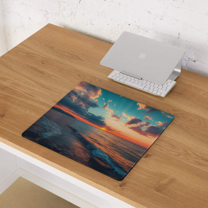Calm ocean sunset gaming mouse pad with vibrant waves, non-slip backing