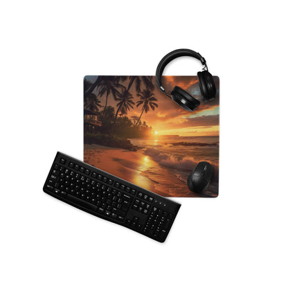 Black keyboard on Sunset Beach gaming mouse pad with tropical sunset design