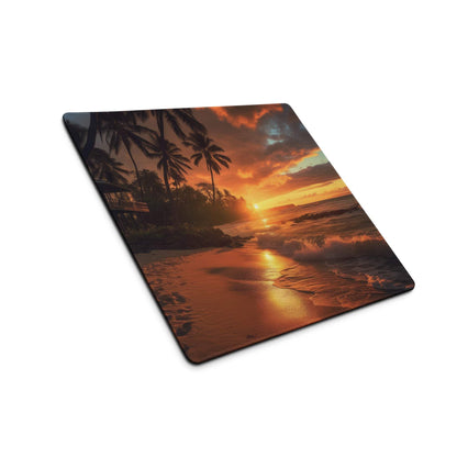 Large sunset beach gaming mouse pad with palm trees, orange gold hues on wet sand