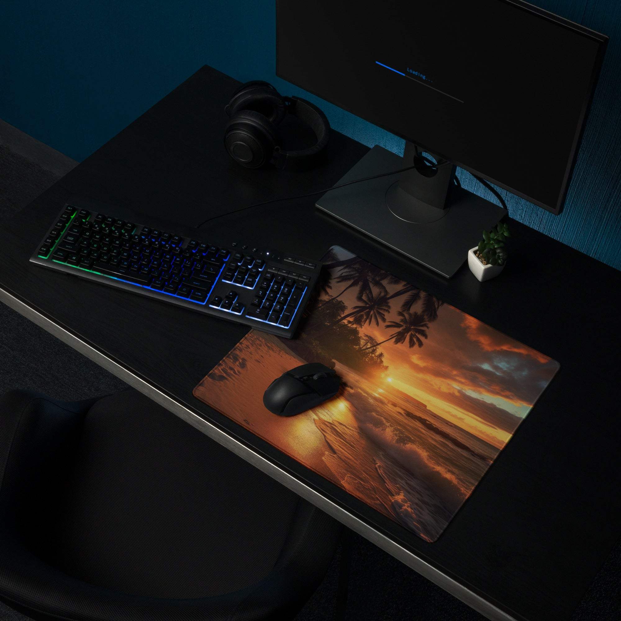 Sunset Beach gaming mouse pad with vibrant palm tree ocean sunset glow