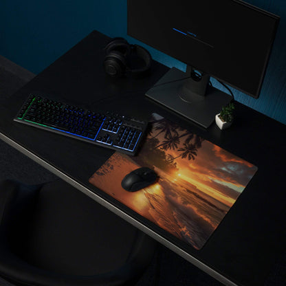 Sunset Beach gaming mouse pad with vibrant palm tree ocean sunset glow