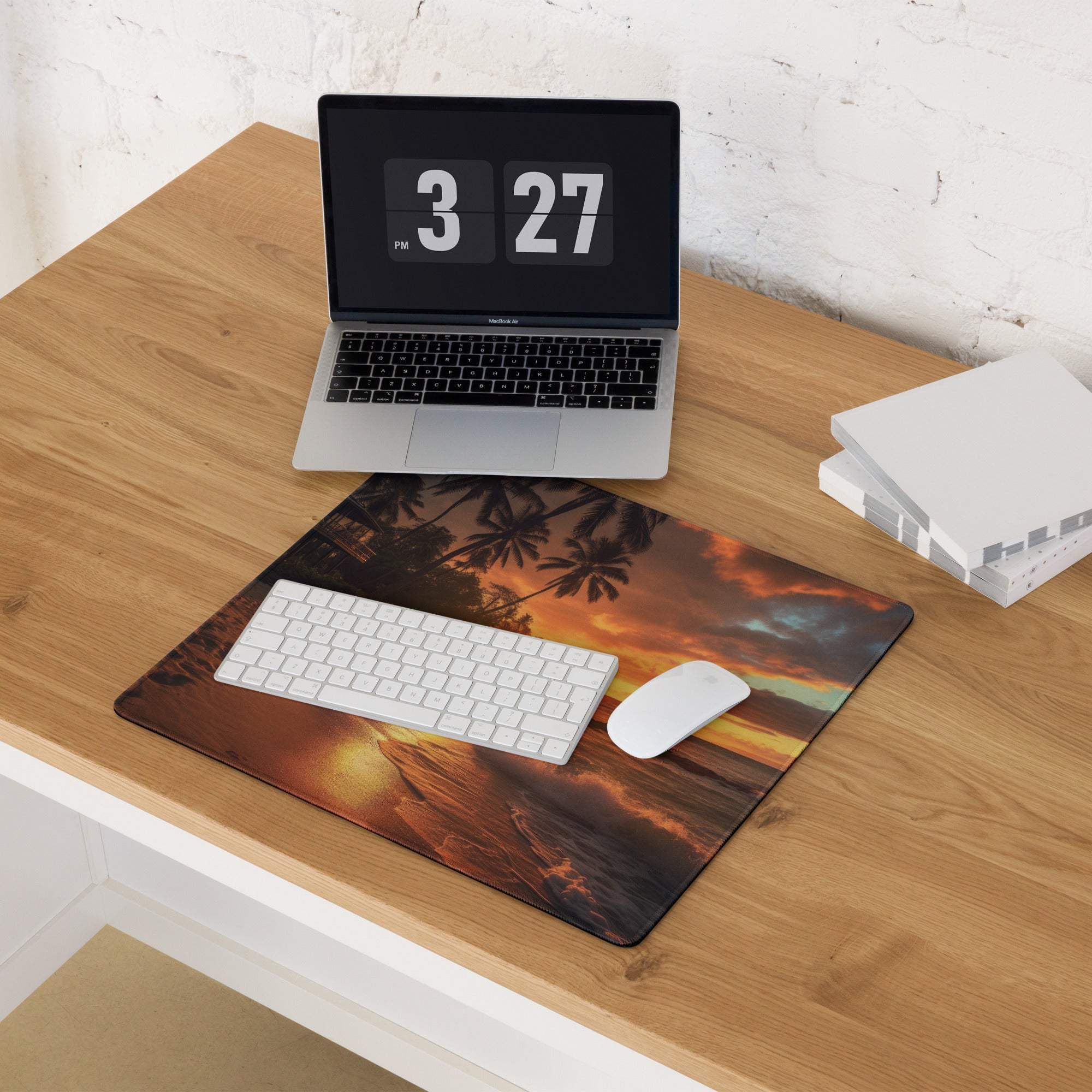 Sunset Beach gaming mouse pad with vibrant palm tree sunset glow