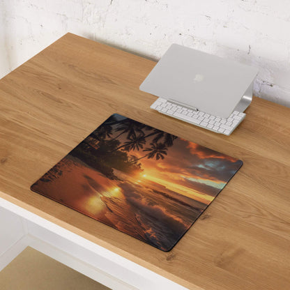 Large Sunset Beach gaming mouse pad with vibrant ocean sunset, palm trees, non-slip surface