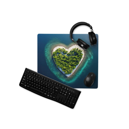Blue heart-shaped island mousepad with aerial ocean landscape print