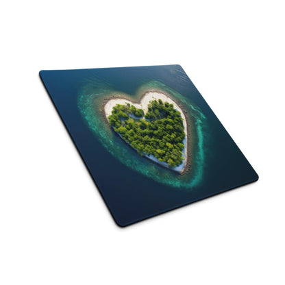 Square Aerial Heart Island mousepad with lush green turquoise ocean gaming design