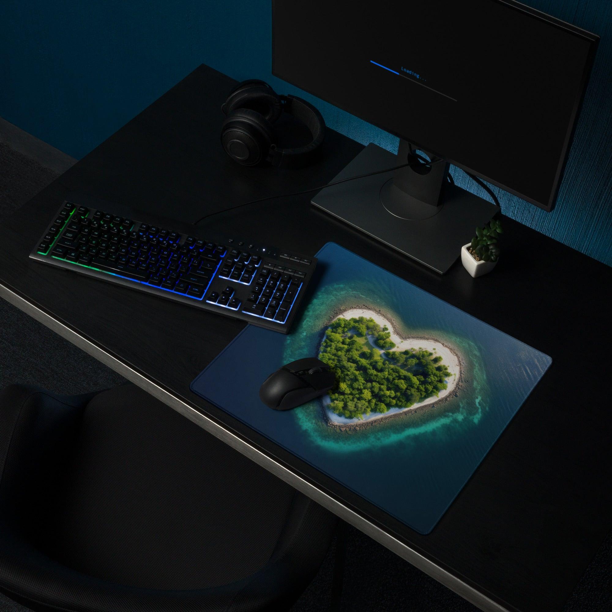 Heart-shaped island gaming mousepad with turquoise ocean and green foliage