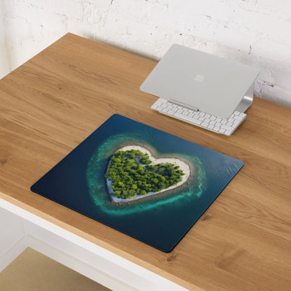 Heart-shaped island aerial view gaming mouse pad, lush green turquoise ocean