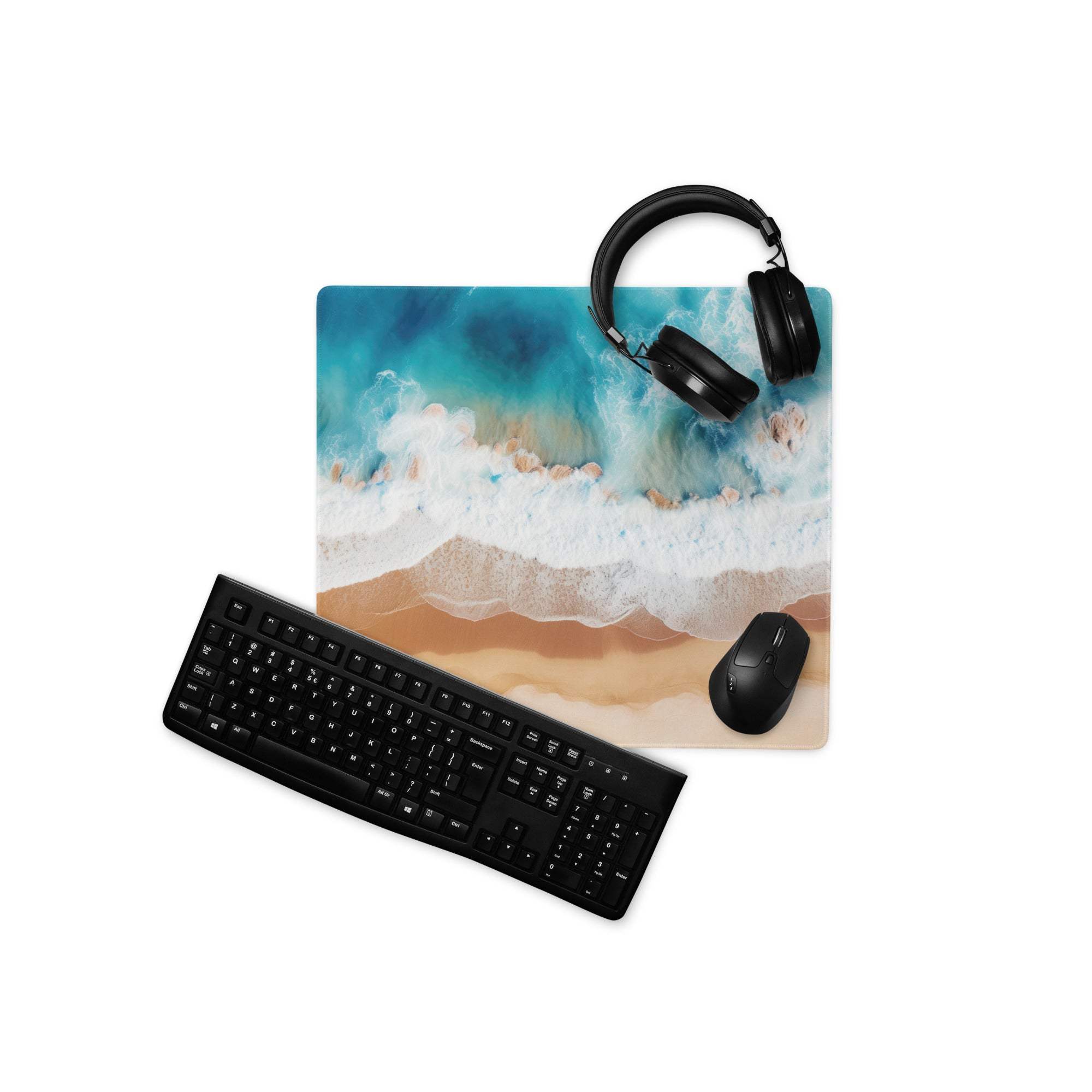 Aerial Ocean Beach Scene turquoise gaming mouse pad with headphones