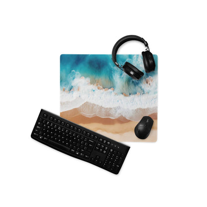Aerial Ocean Beach Scene turquoise gaming mouse pad with headphones