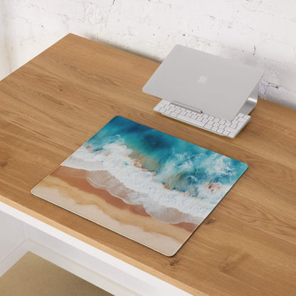 Large turquoise Aerial Ocean Beach Scene gaming mouse pad with waves and sand