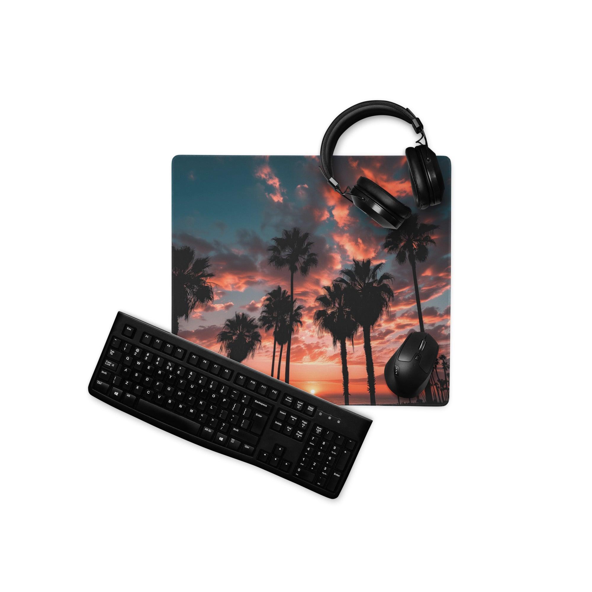 Black keyboard on vibrant sunset palm landscape gaming mouse pad