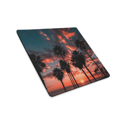 Vibrant sunset palm landscape square gaming mouse pad with non-slip backing