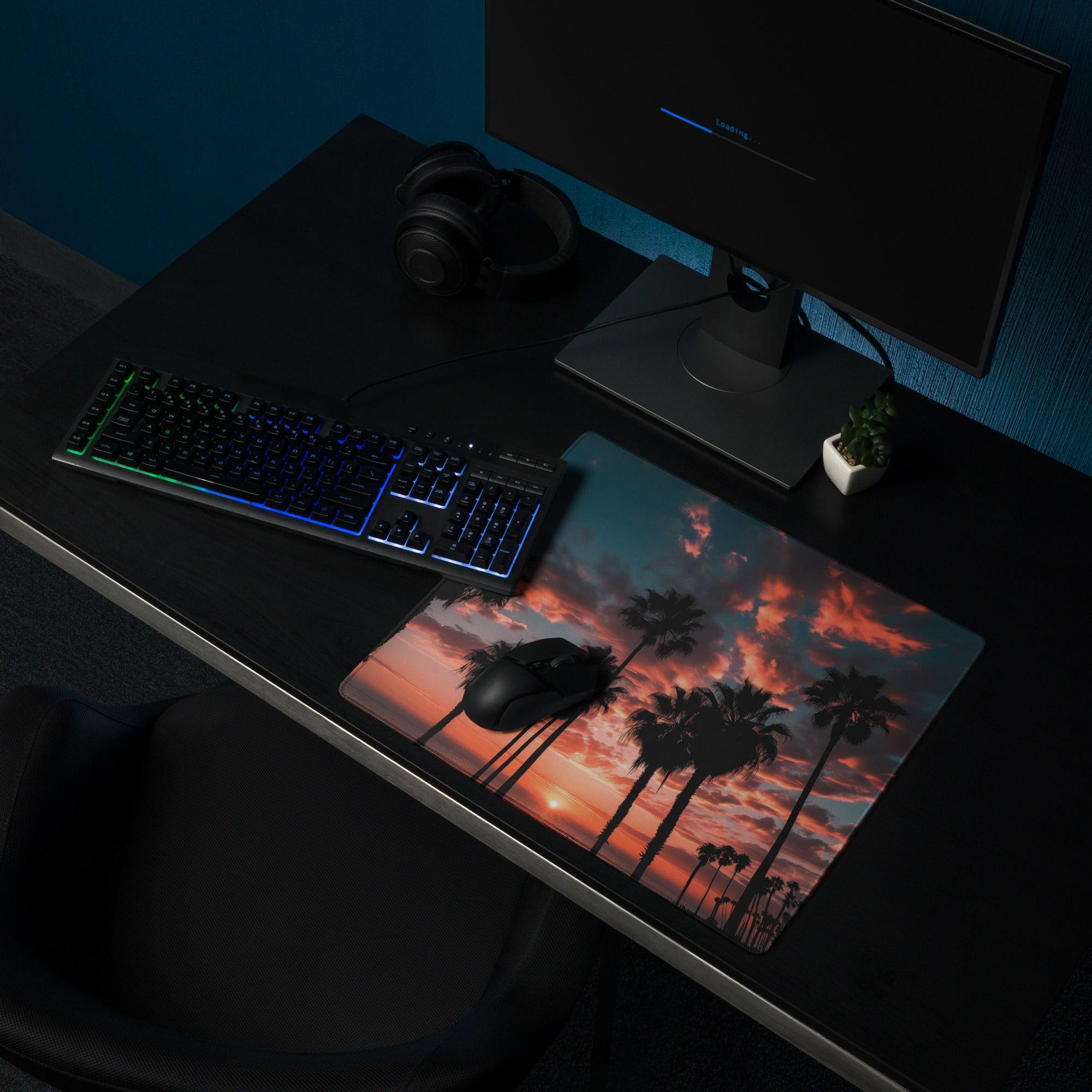 Vibrant sunset palm landscape gaming mouse pad with non-slip backing