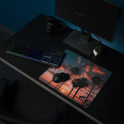 Vibrant sunset palm landscape gaming mouse pad with non-slip backing