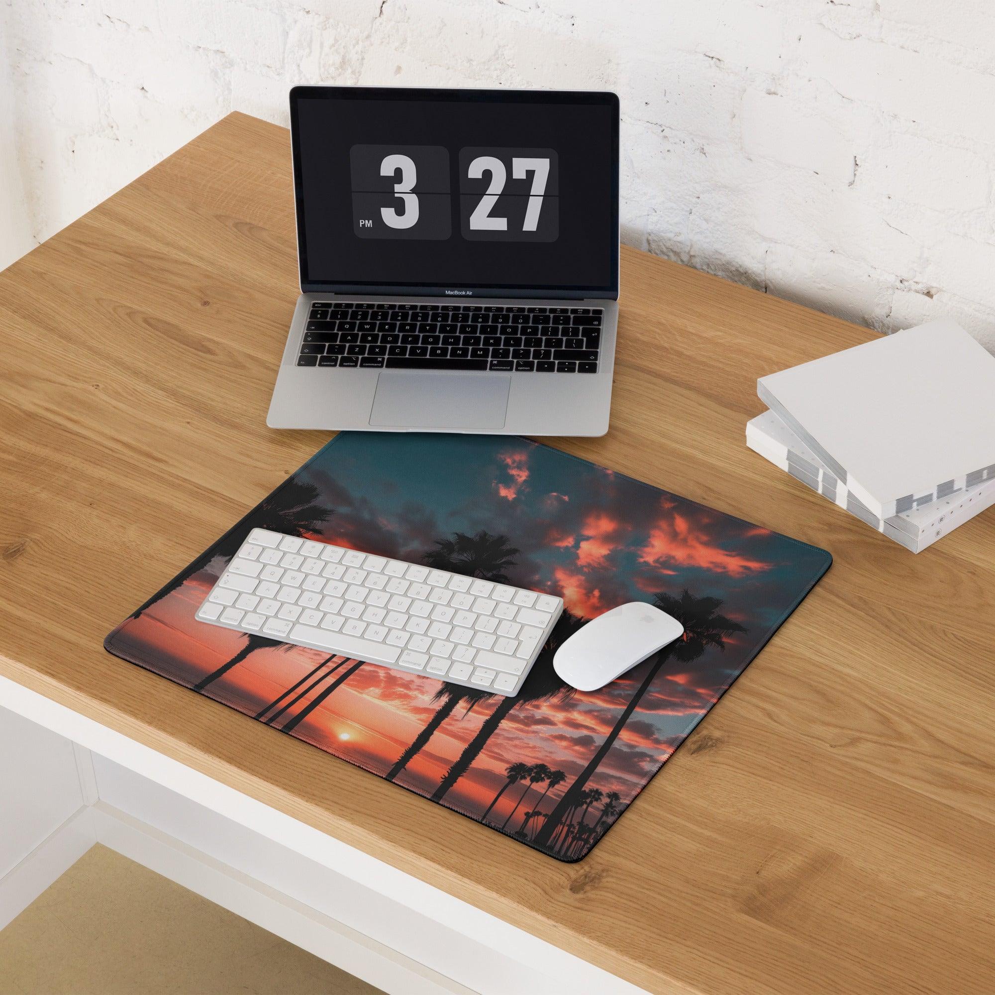 Vibrant sunset palm landscape gaming mouse pad with non-slip backing