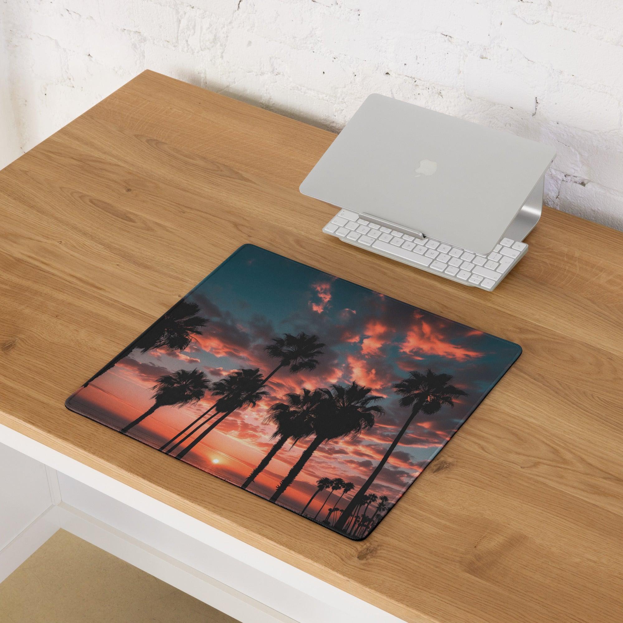 Vibrant sunset palm landscape gaming mouse pad with non-slip backing