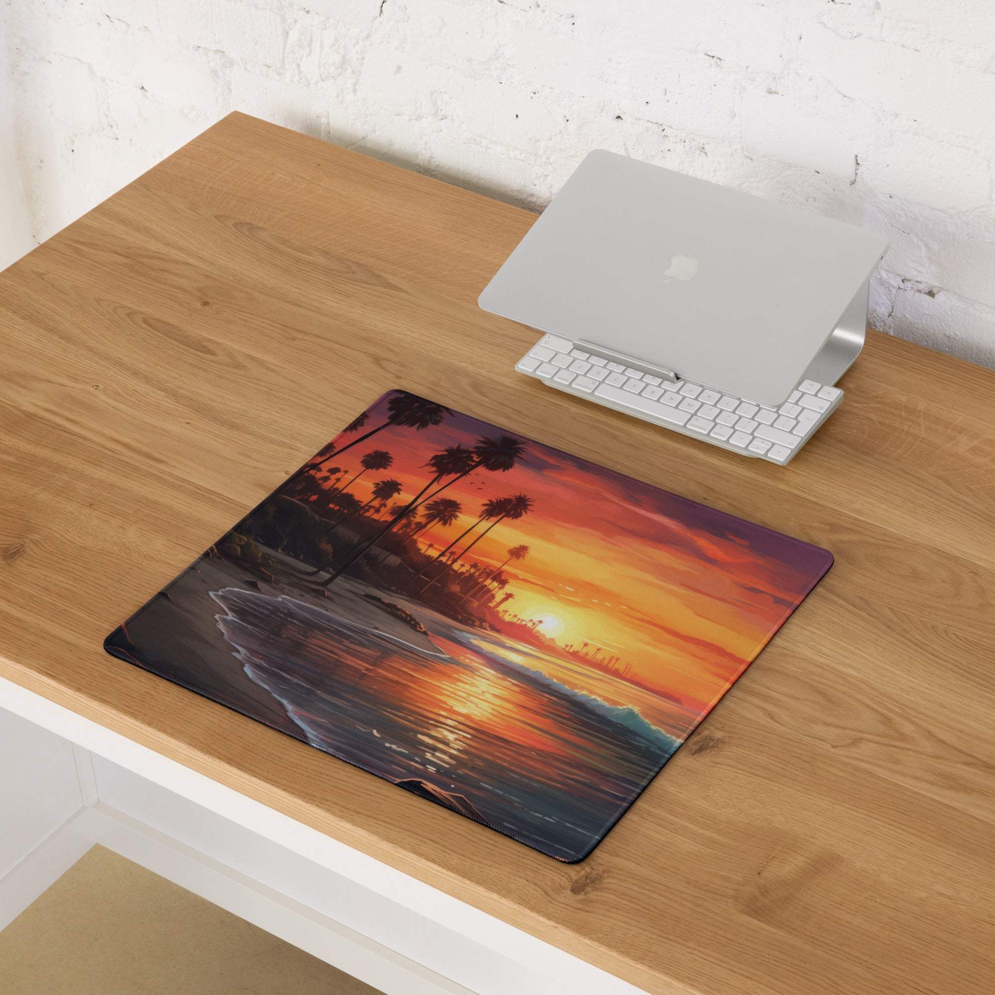 Large Sunset Beach Palm Tree Gaming Mouse Pad with Non-Slip Edge Stitching