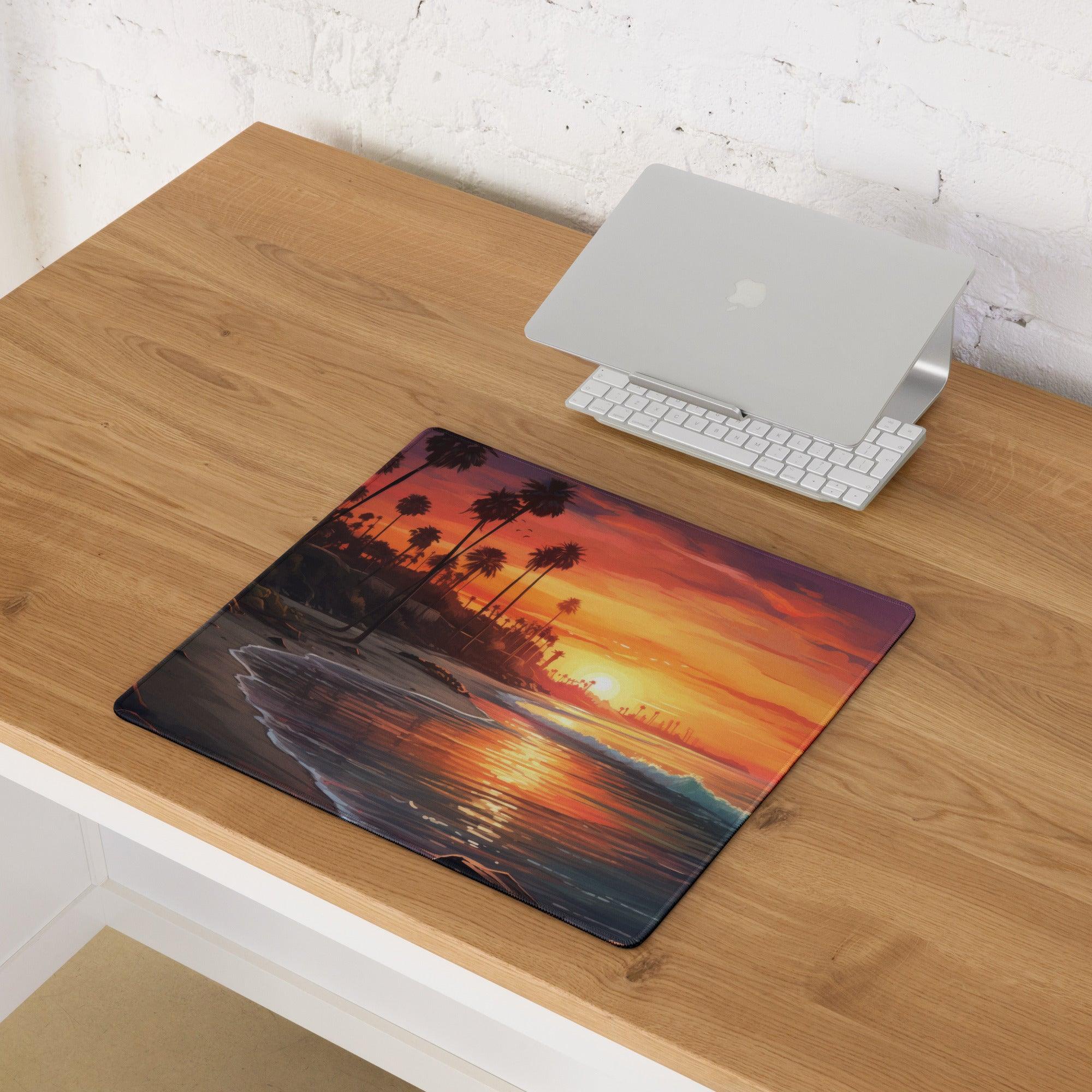 Large Sunset Beach Palm Tree Gaming Mouse Pad with Non-Slip Edge Stitching