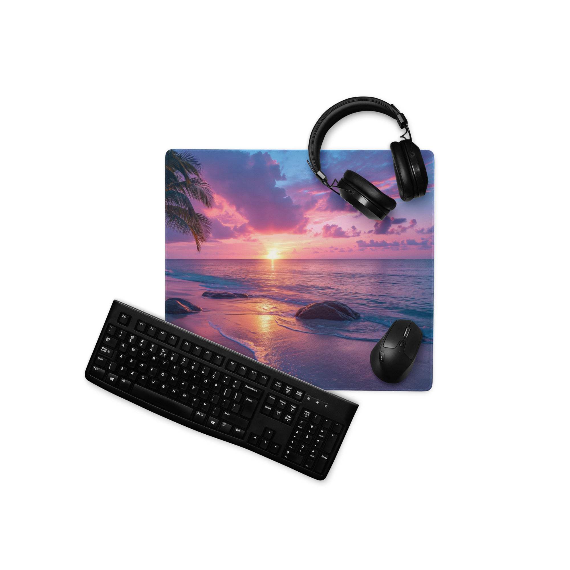 Vibrant sunset beach gaming mouse pad with palm trees, waves, non-slip base