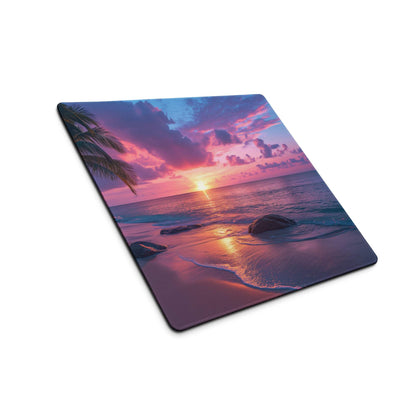 Vibrant sunset beach gaming mouse pad with pink purple orange hues non-slip base