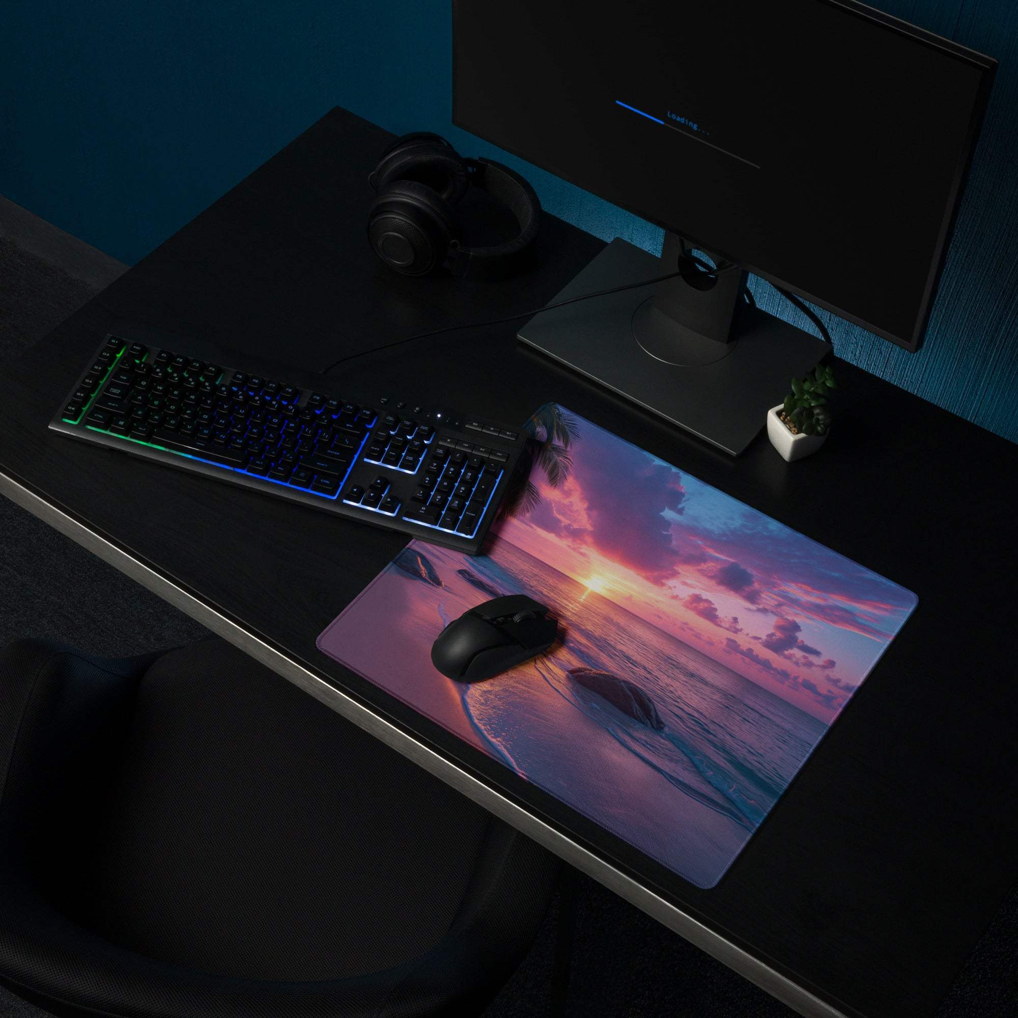 Vibrant sunset beach gaming mouse pad with pink purple hues, non-slip base