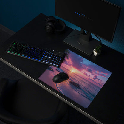 Vibrant sunset beach gaming mouse pad with pink purple hues, non-slip base
