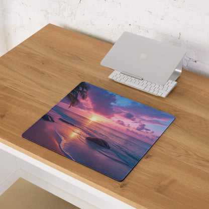 Large vibrant sunset beach gaming mouse pad with palm trees, ocean waves, non-slip base