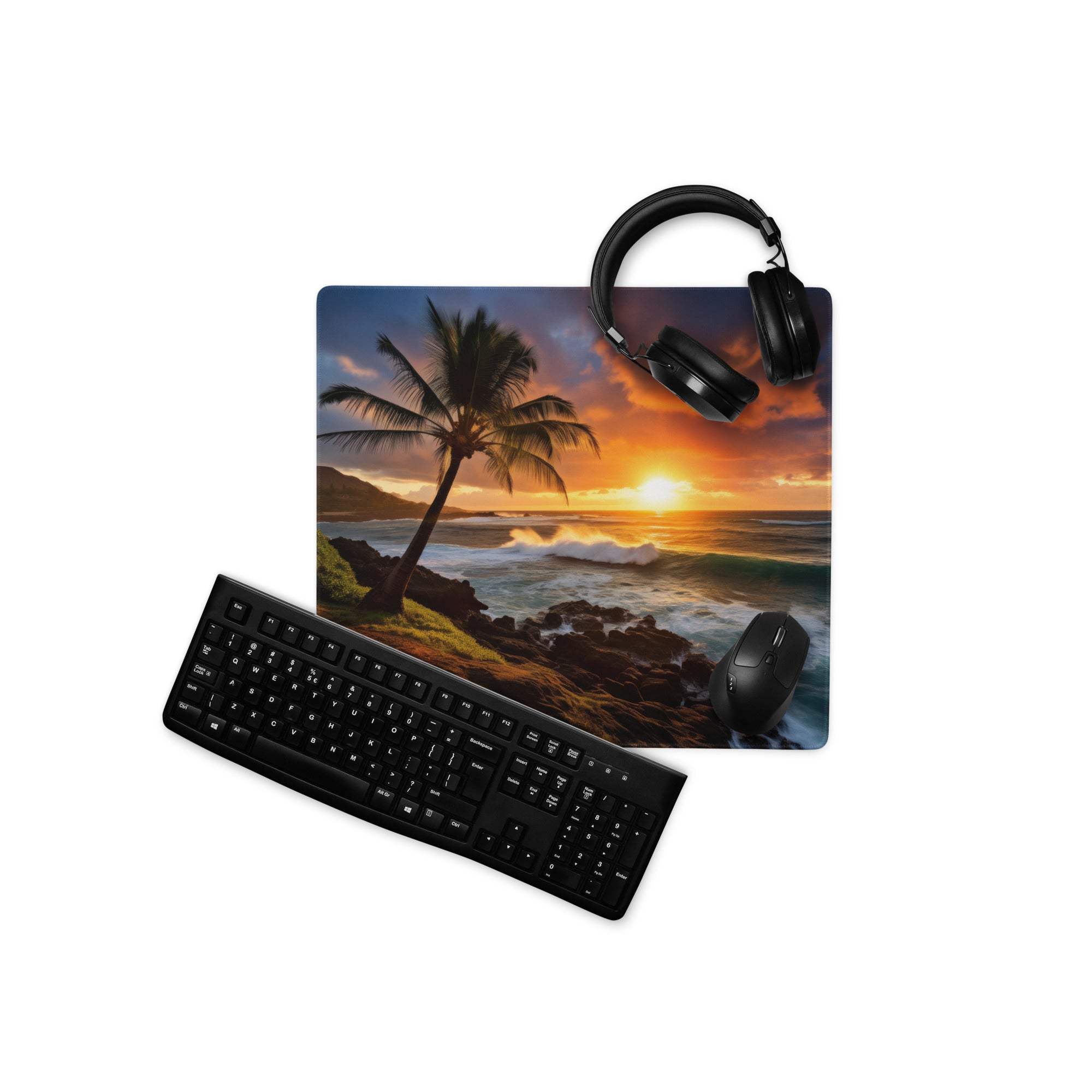 Black keyboard on vibrant sunset ocean palm tree gaming mousepad