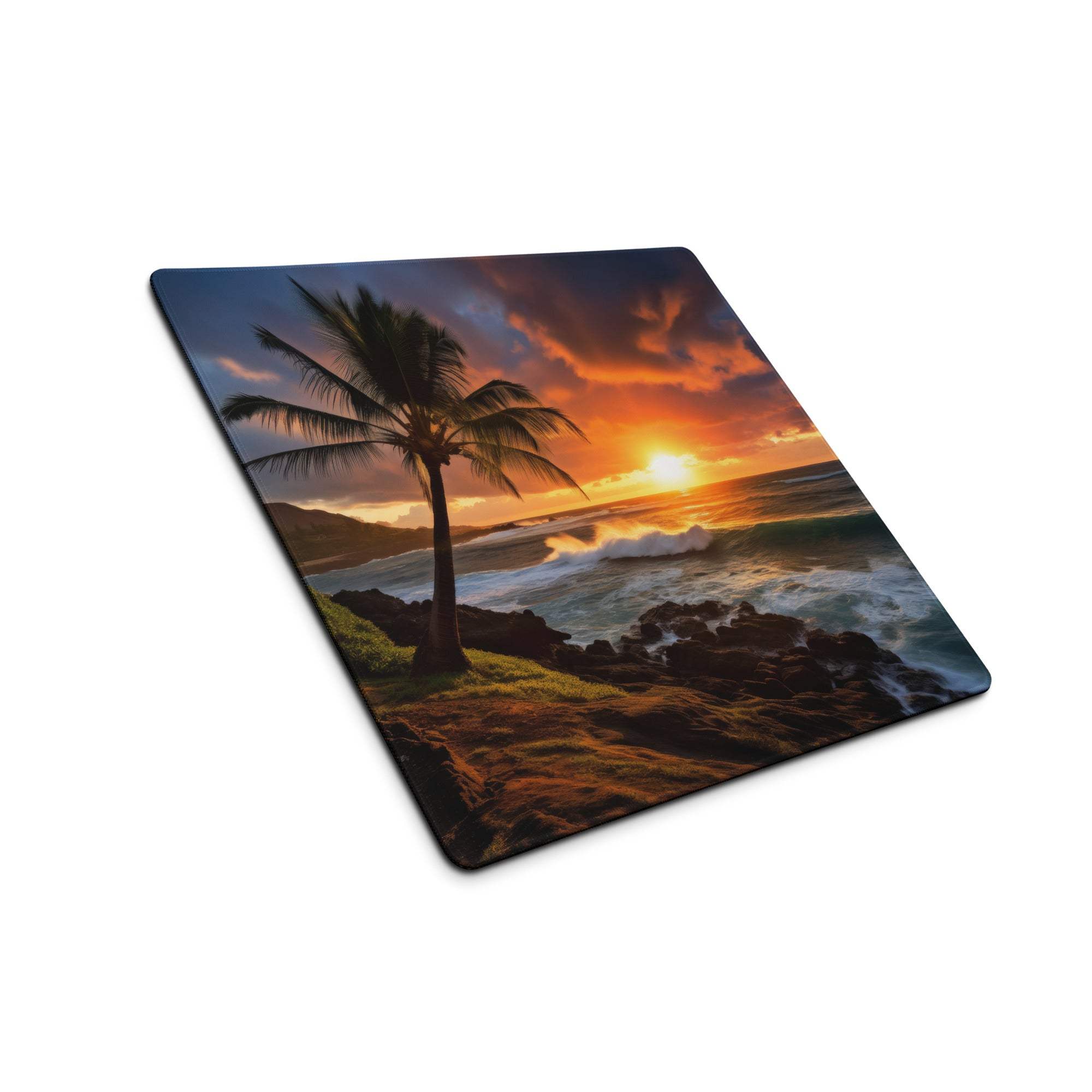 Square sunset cutting board with vivid orange sun, waves, palm tree scene